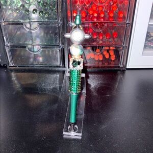 Handmade Green Beaded Pen with Crystal Accents